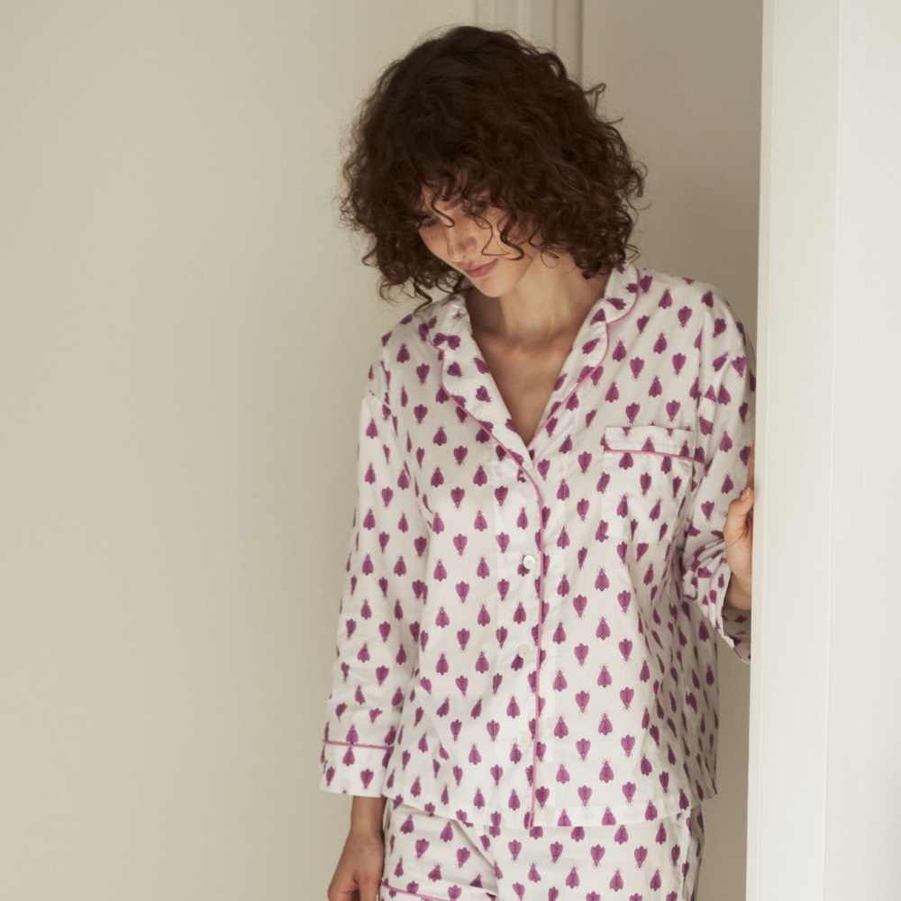 Marigot Lorient Block Print Long Pajama Set in Violet Bee